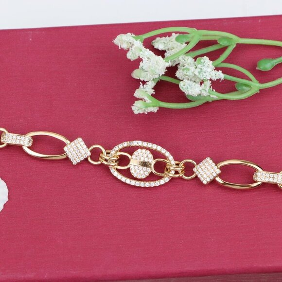 "Rose Gold Chain Bracelet with Oval Crystal Charm & Textured Links, XPBL0927 - Picture 13 of 13